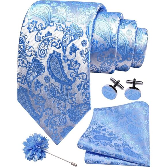 GUSLESON Mens Baby Blue Floral Suit Vest Tie and Bow Tie Set  Men\'s Sky Blue Paisley Tie And Lapel Pin Necktie Hankerchief Cufflinks Set